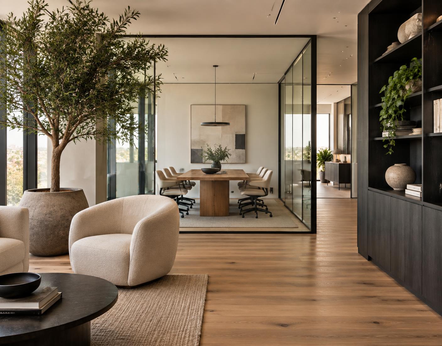 Contemporary office with natural materials and greenery